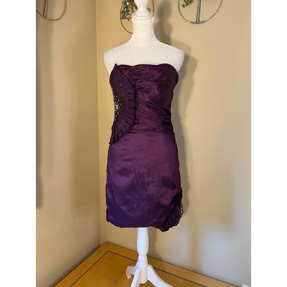 Nox Anabel Purple Pleated Rhinestone Sequin Beaded Strapless Party Mini Dress XS